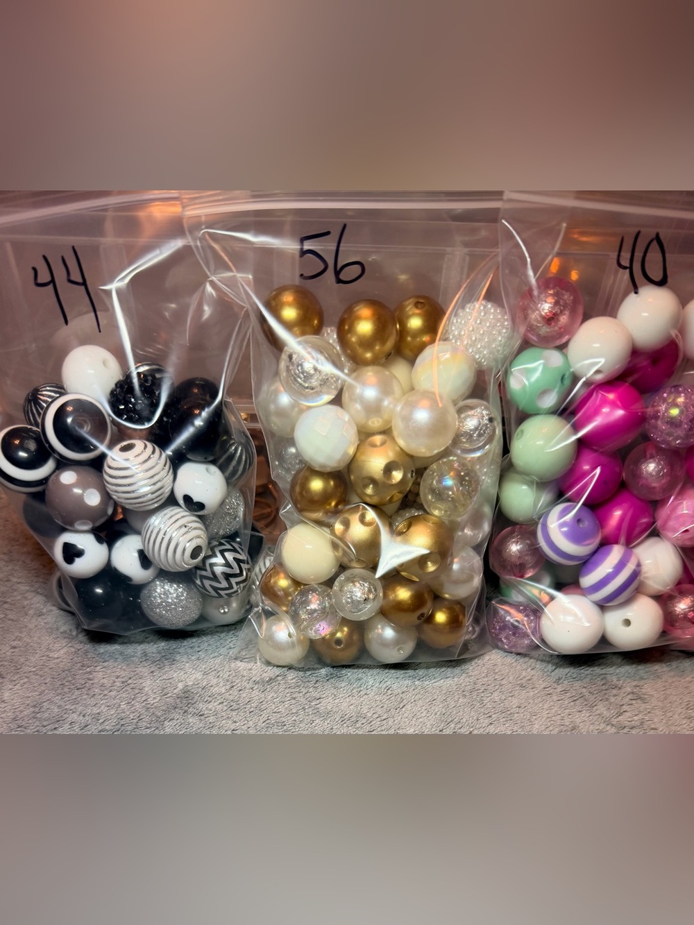 Mixed Bead Lot -bubblegum sized Black/White, Gold/Cream, Pink/Green Sets